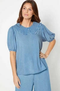 Influence Top Size 10 & 12 Blue Chambray Large Collar Blouse Viscose New KJ42 - Picture 1 of 4