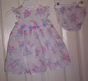 LITTLE ME~PINK & BLUE FLORAL COTTON SLEEVELESS DRESS/MATCHING BLOOMERS :9M - Picture 1 of 3