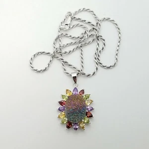 Sterling Silver Oval Rainbow Druzy Sandstone MultiColor Topaz Pendant Necklac - Picture 1 of 9