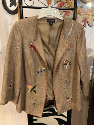 FOCUS 2000 Women's Burlap Lined-Sequin-Embroidery-Gems OPEN JACKET -Size 18W-XPO - Image 1 of 4