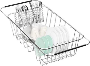 Small Dish Drainer Rack In Sink Adjustable Expandable 304 Stainless Steel Metal - Picture 1 of 7