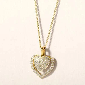 Certified 14K Gold 0.21ct Natural Diamond 2 Heart Linked Love Pendant Necklace - Imagen 1 de 9