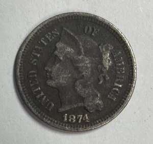 1874 Three Cent Nickel Dark - Picture 1 of 2