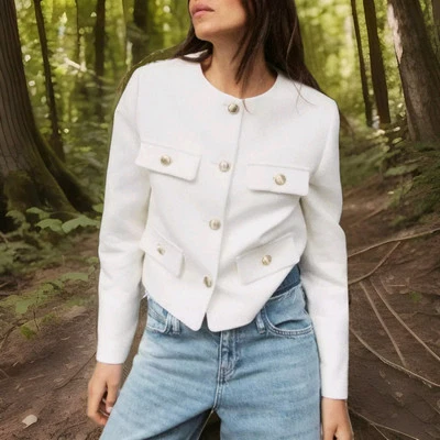 Blazer de piqué de cuello redondo para mujer ZARA (crudo, US S, M, L, XL / EUR S, M, L, XL) Foto 1 de 4