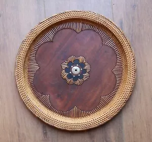 Tribal Hardwood Base and Hand Woven Rattan Tray 34.5cm Diameter - Picture 1 of 3