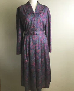 Vintage purple paisley midi dress 14 Long sleeves Belt 1980s - Picture 1 of 6
