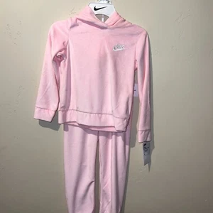 NIKE Girl's 2 Piece Sportswear Soft Velour Hooded Track 6 6X Foam Pink White NWT - Picture 1 of 4