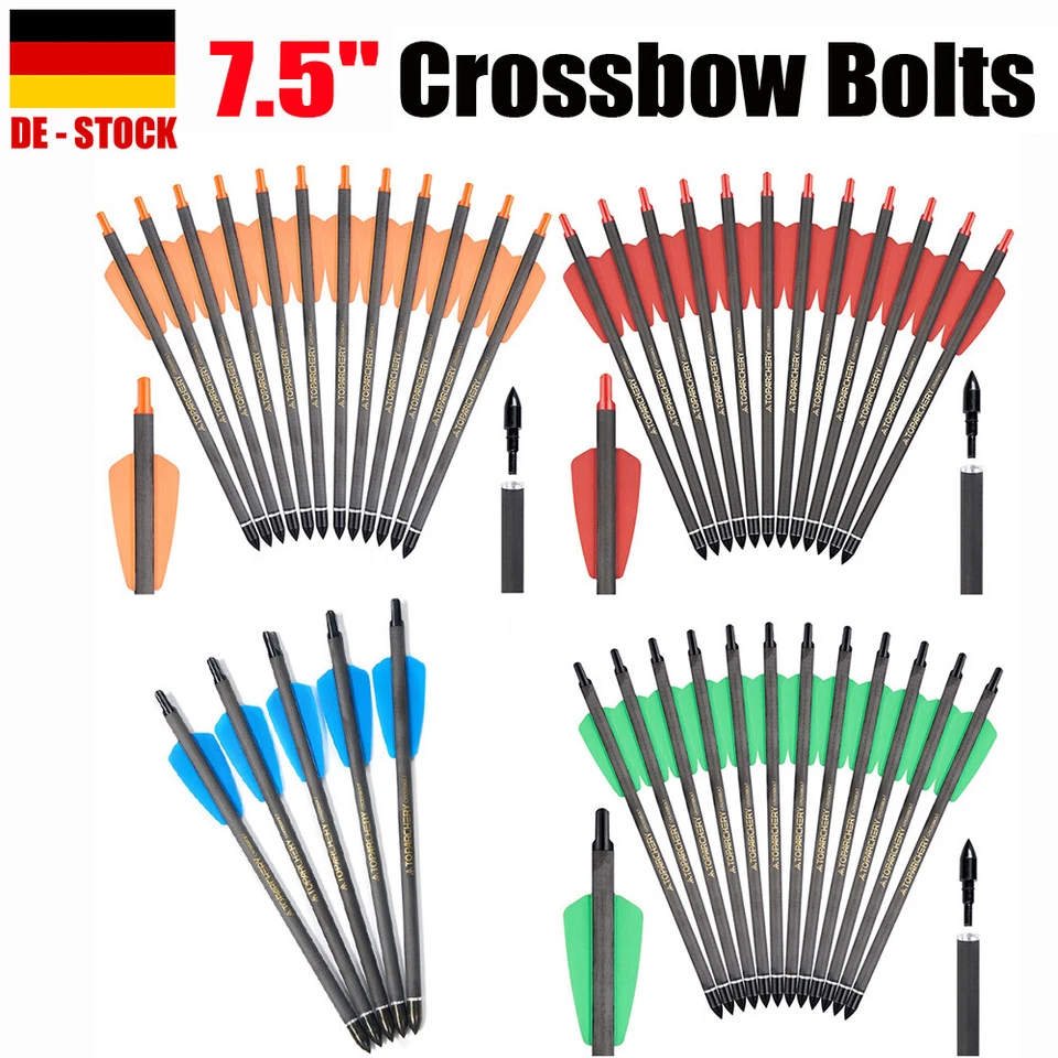 TOPARCHERY 12 STÜCK 7,5 Zoll Carbon Bolzen Pfeile Spine 350 OD7.5 Vanes für Jagd Bolzen