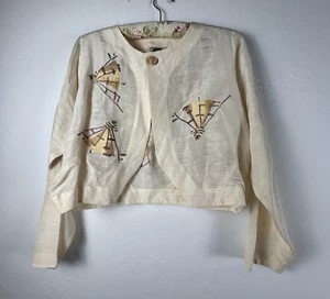 Vintage Blue Fish Ivory Hemp Silk Hand Printed Cropped Blazer Size 0 Lightweight - Picture 1 of 8