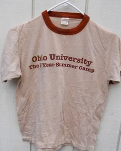 VINTAGE CLASSIC 70's TAN RINGER"OHIO UNIVERSITY" 5TH YEAR SUMMER CAMP TEE SZ MED - Picture 1 of 5