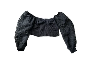 Zara Womens Medium Top Animal Leopard Print Organza Puff Vneck Sleeve Crop Black - Picture 1 of 8