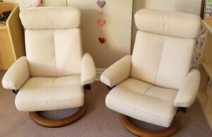 Pair of Ekornes Stressless Cream leather recliner chairs