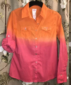 Justice Shirt Girls Sz. 8 Tie Dye Top Sequins Glitter Btns L/S 2 Pkt Pink Orange - Picture 1 of 7