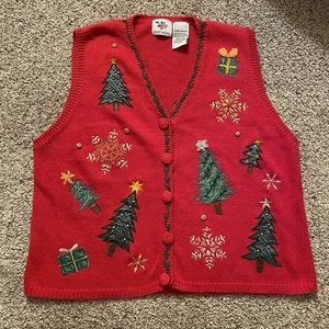 Vtg—Nut Cracker Sweater Knit Christmas Button Front Appliqué Vest Trees—Sz L EUC - Bild 1 von 8