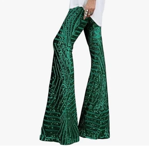 Pantalones acampanados verdes XL BENCOT para mujer con lentejuelas brillantes cintura alta - Imagen 1 de 10