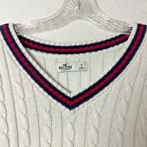 Hollister sweater sz S V neck cable knit white red blue Preppy Tenniscore - Picture 1 of 5