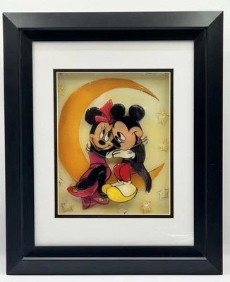 Arte de resina 3D Disney Mickey & Minnie Moon abrazo Thomas Emery hecho a mano 14"x17" Foto 1 de 4