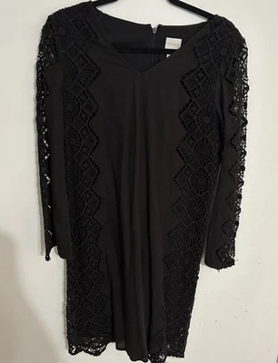 Chicos Shift Dress Womens 1 Black Crochet Side Lace V-Neck Long Sleeve Cotton - Imagem 1 de 4