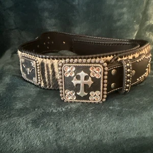 Nocona Cross and Rhinestone Buckle with zebra Belt 30-36” Adjustable - Picture 1 of 5