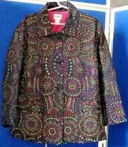 EUC Gorgeous CHICO'S FITTED Blazer JACKET Sz 1 Lined BLACK w.Purple Pink & Green - Bild 1 von 5