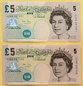 2x 5 GBP Great Britain Pound Bill Note Mint UNC English Queen Elizabeth QE2 £10 - Picture 1 of 5