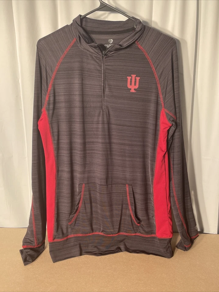 Camisa Pullover Manga Larga con Cremallera 1/4 de la Universidad de Indiana•Negro/Rojo•Talla Grande para Adultos Foto 1 de 4