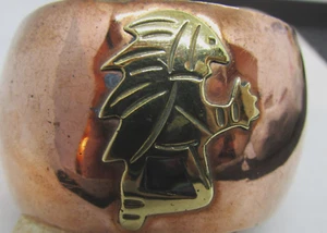 VINTAGE WIDE MEXICAN COBRE COPPER AZTEC WARRIOR CUFF WITH ABALONE - Picture 1 of 7