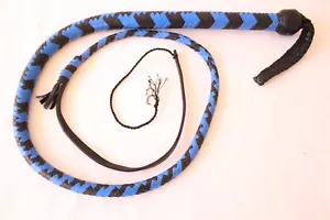 GENUINE LEATHER 4 FT, 8 PLAITED QUALITY BULLWHIP/Snake Whip, BLUE & BLACK Whip - Picture 1 of 9