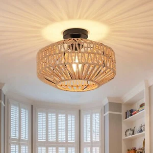 Deckenleuchte Rattan Boho Lampenschirm Vintage Kronleuchter Hängeleuchte E27 Bar - Bild 1 von 9