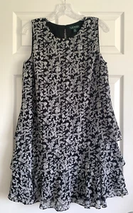 Lauren Ralph Lauren Dress Womans 12P Black White Floral Georgette Ruffled Hem - Picture 1 of 10