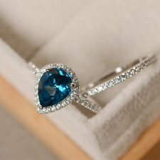 Natural Diamond London Blue Topaz Rings 14k White Gold Pear Cut 1.85 Carat 6 7 8