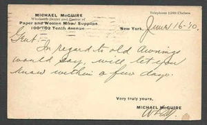 DATED 1910 PC NY MICHAEL McCLURE DEALER IN PAPER & WOOLEN MFR SUPPLIES - Picture 1 of 1
