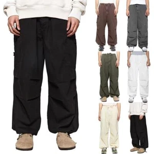 Men Drawstring Wide-Leg Baggy Cargo Casual Pants Cotton Linen Beach Trousers New - Picture 1 of 17