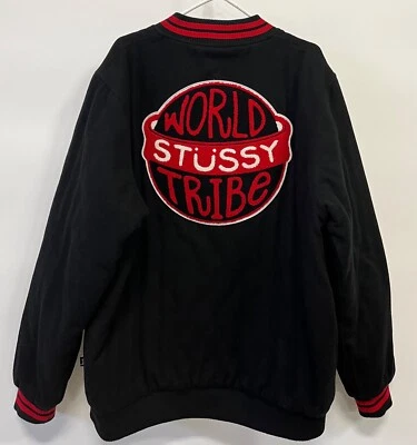 Chaqueta de bombardero universitario de lana Stussy World Tribe Stadium negra para hombre XL Foto 1 de 4