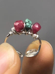 Fine Silver Handcrafted Ear Cuffs Genuine Turquoise + Ruby E4 - Picture 1 of 5