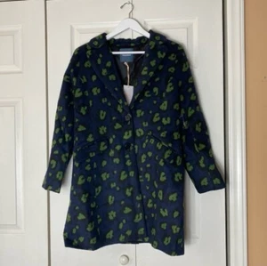 NWT ModCloth City Savvy Fleece Leopard Coat Navy Blue and Green Medium - Picture 1 of 5