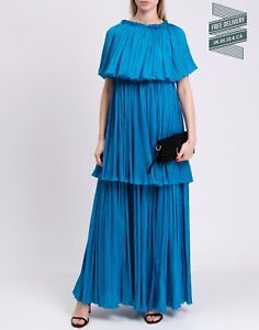 RRP €1800 ALBERTA FERRETTI Plisse Tiered Gown IT40 US4 UK8 S Silk Blend Blue