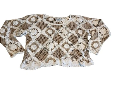 Suéter de crochê remendo quadrado vovó anos 90 ponto de referência CROPPED S terra neutra - Imagem 1 de 2