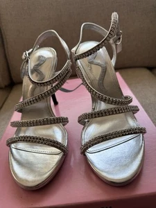 NINA SILVER STRAPPY PLATFORM SANDALS WITH RHINESTONES - Picture 1 of 4