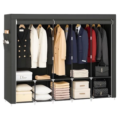 Portable Fabric Wardrobe 5 Hanging Rails 212cm Wide Black  - Image 1 of 4