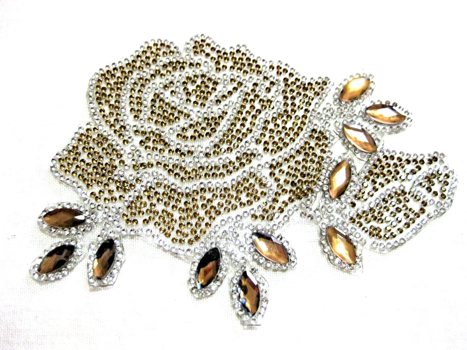 Hotfix Strass Bügelbild Rose Blume Applikation 2.Wahl goldfarben ca.10x4 cm BB8E - Bild 1 von 1