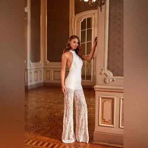 NEW NWT $300 ALAMOUR choker neck white sequin jumpsuit - sz M - Picture 1 of 11
