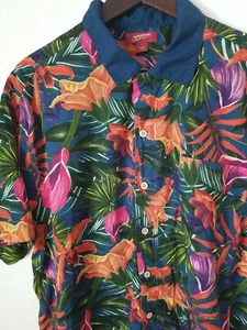 Vtg Arizona Jean Co Men Floral Short Sleeve Wood Button Collar Casual Shirt L - Picture 1 of 9