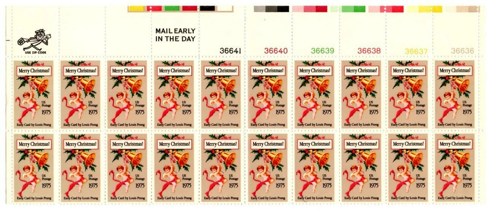 BLOCK OF (20) 10 CENT U.S. POSTAGE STAMPS CHRISTMAS 1975 LOUIS PRANG EARLY CARD - Image 1 of 1