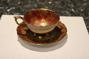 RARE ROYAL STAFFORD ENGLAND WIDE CUP & SAUCER MAROON PINKISH TAPESTRY LOOK - Picture 1 of 4