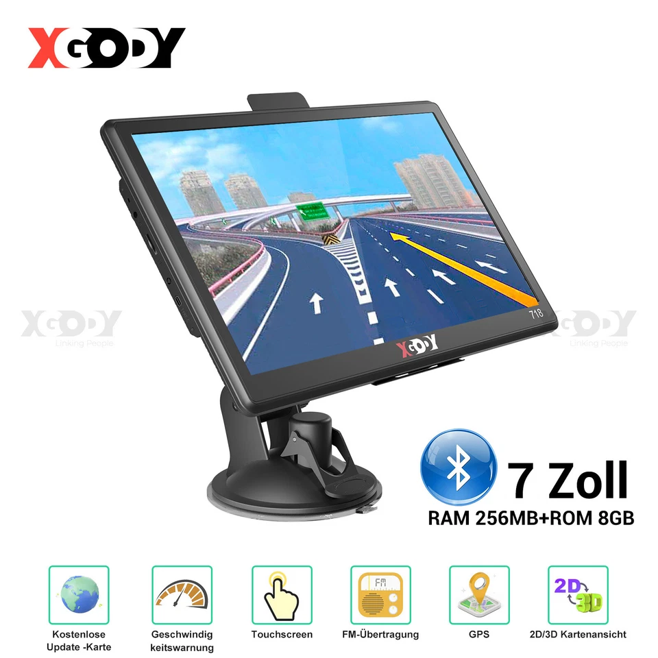 XGODY 7 Zoll LKW PKW GPS Navigationsgerät Auto Navi EU Karten Fahrspurassistent