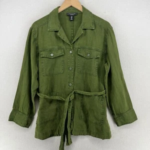 TAHARI Jacket M Linen Military Utility Camp Button Up Tie Waist Canvas Green - Picture 1 of 16