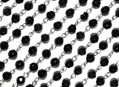 CZECH 5' ft Black Glass Rosary Chain Faceted Beads Silver Rosary Necklace 6mm 5 Feet