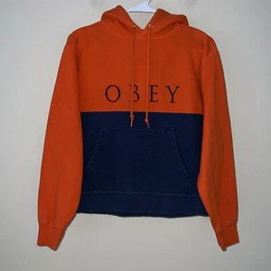 Obey Color Block Orange Blue Logo Pullover Sweatshirt Hoodie Women’s Size XS - Picture 1 of 4