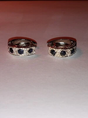 1 ct Diffusion Sapphire blue, Diamond Hoop Earrings solid  Sterling Silver  - Image 1 of 4